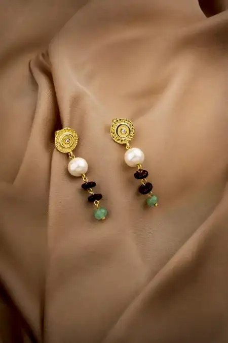 Hindistan Cevizi Kabuğu-Yeşil Aventurin-İnci Doğal Taş Gümüş Küpe