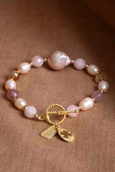 Sertifikalı Mai Bileklik-Barok İnci, Sitrin, Pembe Kuvars, Çilek Kuvars Gümüş Charm ve Aparatlı Doğal Taş Bileklik (SK:074)