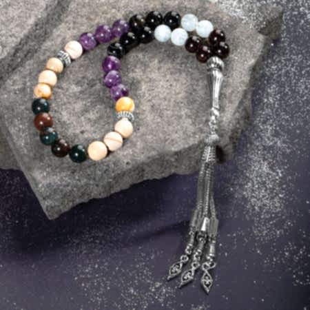 Koç Burcu Tesbih Akuamarin, Ametist, Bordo Granat Lal, Kan Taşı, Sarı Jasper, Siyah Göz Akik