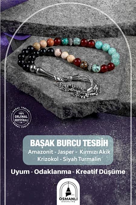 Başak Burcu Tesbih Amazonit, Jasper, Kırmızı Akik, Krizokol, Siyah Turmalin