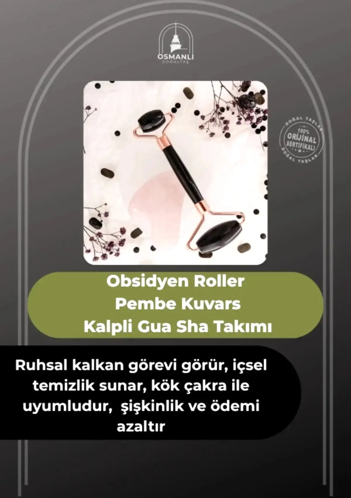Obsidyen Roller ve Pembe Kuvars Kalpli Gua Sha Takımı