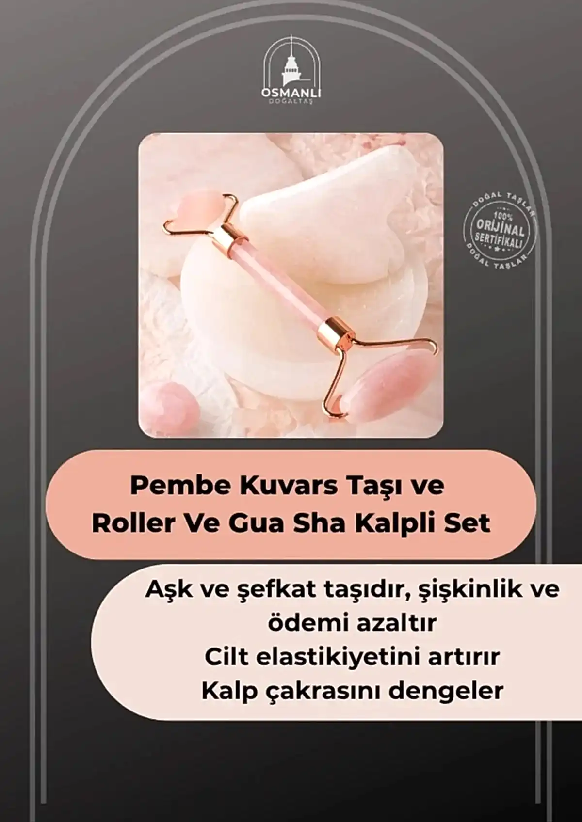 Pembe Kuvars Taşı Masaj Takımı - Roller ve Gua Sha Kalpli Set