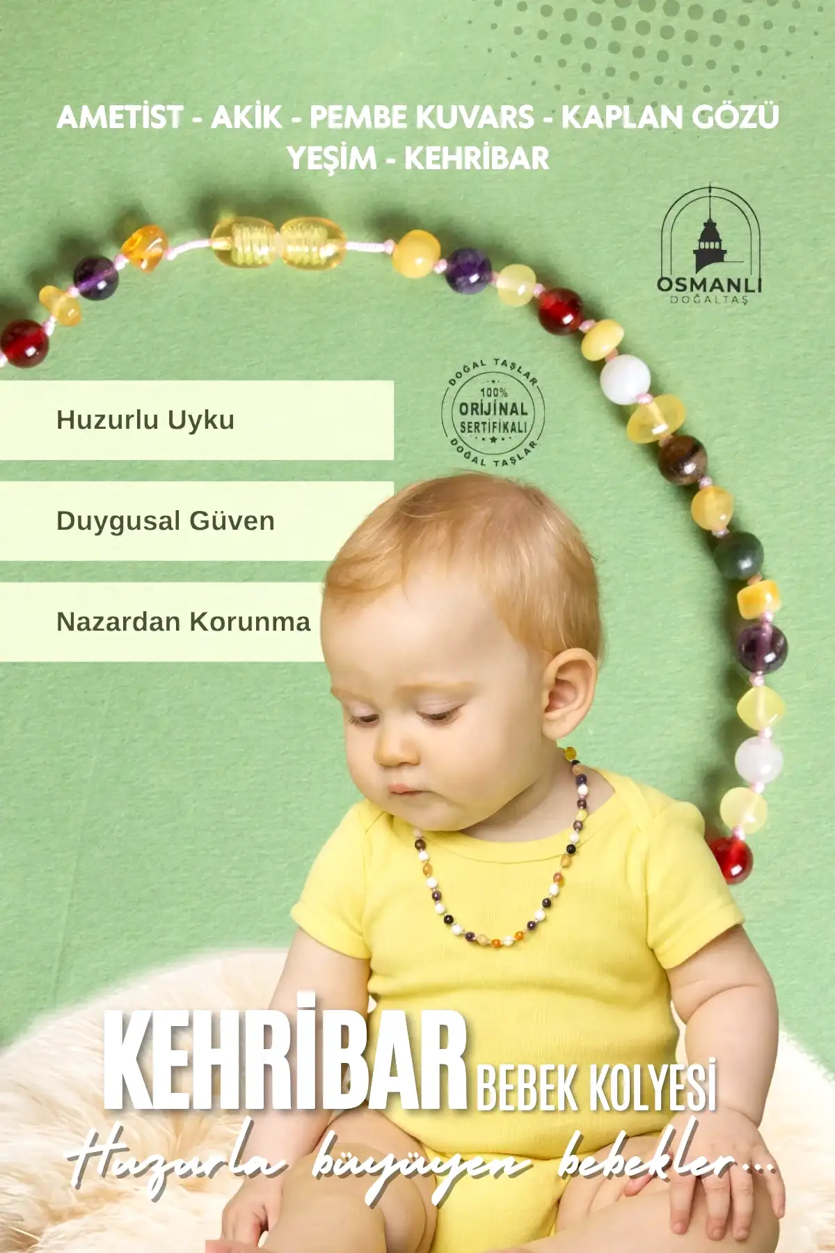 Sertifikalı Doğal Taş Bebek Kolye - Kehribar, Yeşim, Kaplan Gözü, Ametist, Pembe Kuvars, Akik