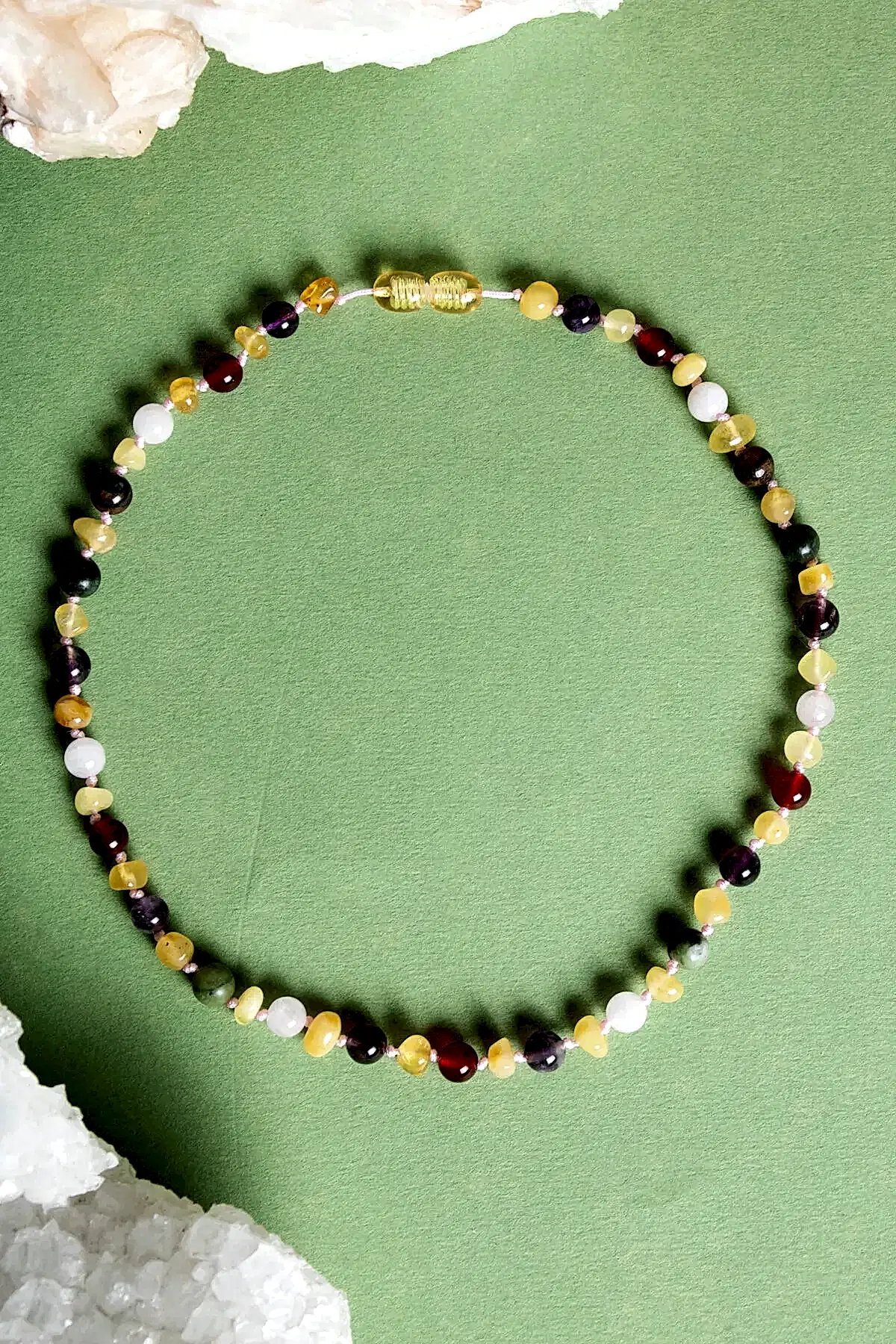 Sertifikalı Doğal Taş Bebek Kolye - Kehribar, Yeşim, Kaplan Gözü, Ametist, Pembe Kuvars, Akik