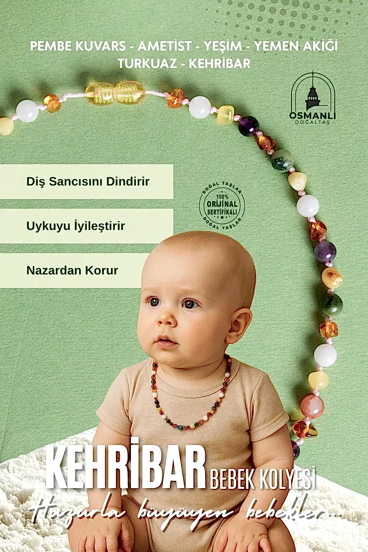 Sertifikalı Kehribar-yeşim-ametist-hakiki Yemen Akik-hakiki Turkuaz- Pembe Kuvars bebek Kolyesi M204
