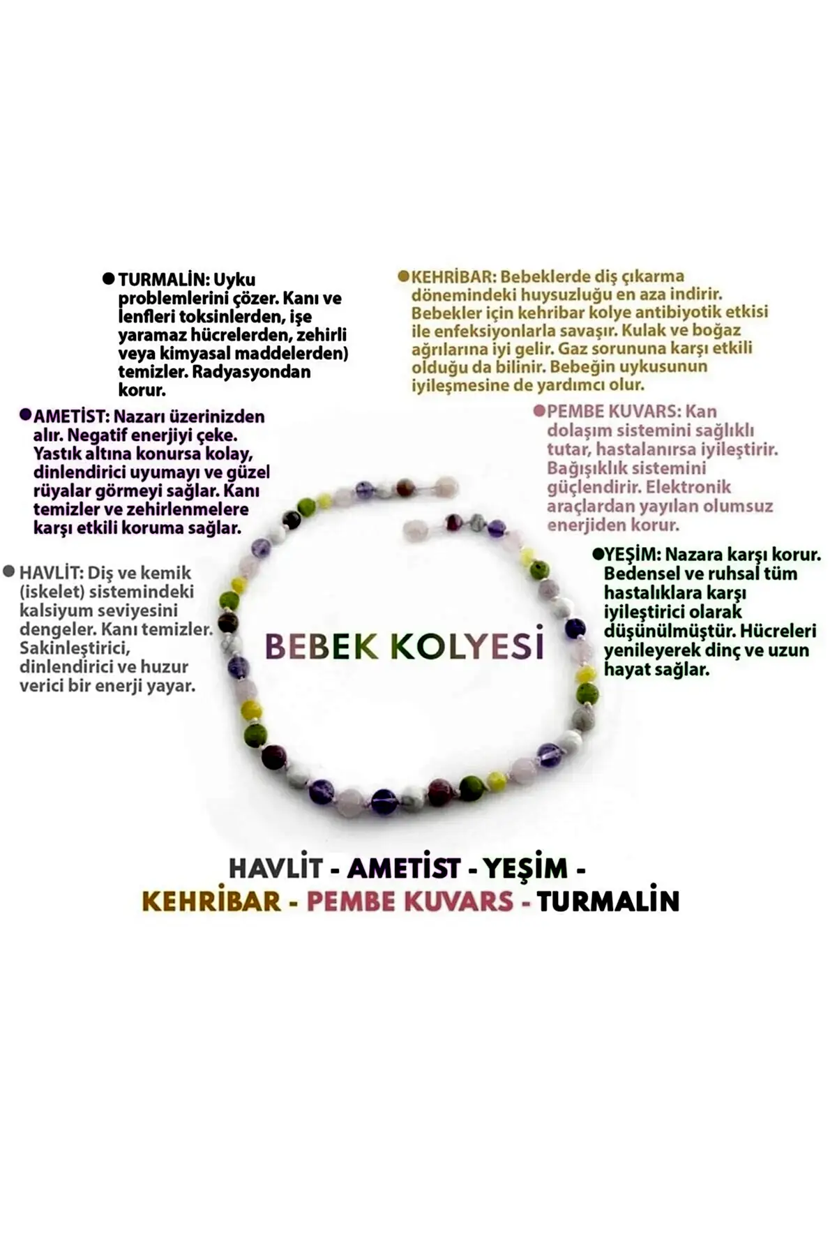 Sertifikalı Kehribar-turmalin-ametist-havlit-yeşim-pembe Kuvars-bebek Kolyesi M203