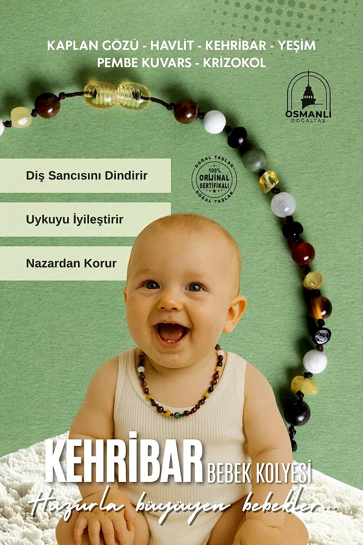 Sertifikalı Doğal Taş Bebek Kolye - Kehribar, Yeşim, Kaplan Gözü, Akik, Havlit, Krizokol, Pembe Kuvars