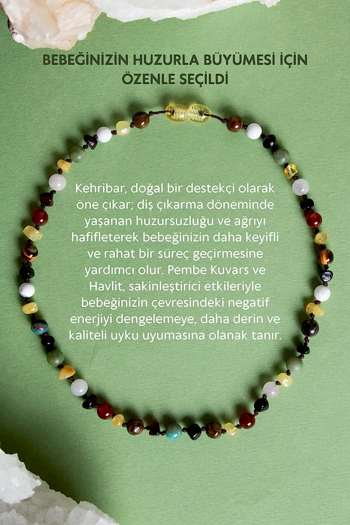 Sertifikalı Doğal Taş Bebek Kolye - Kehribar, Yeşim, Kaplan Gözü, Akik, Havlit, Krizokol, Pembe Kuvars