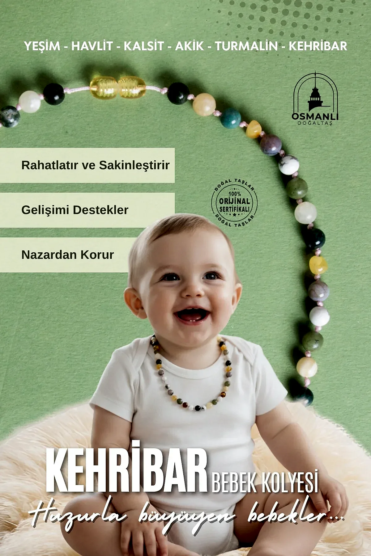 Sertifikalı Bebek Kehribar Kolye-Kehribar, Yeşim, Havlit, Kalsit, Hint Akik, Yosunlu Akik