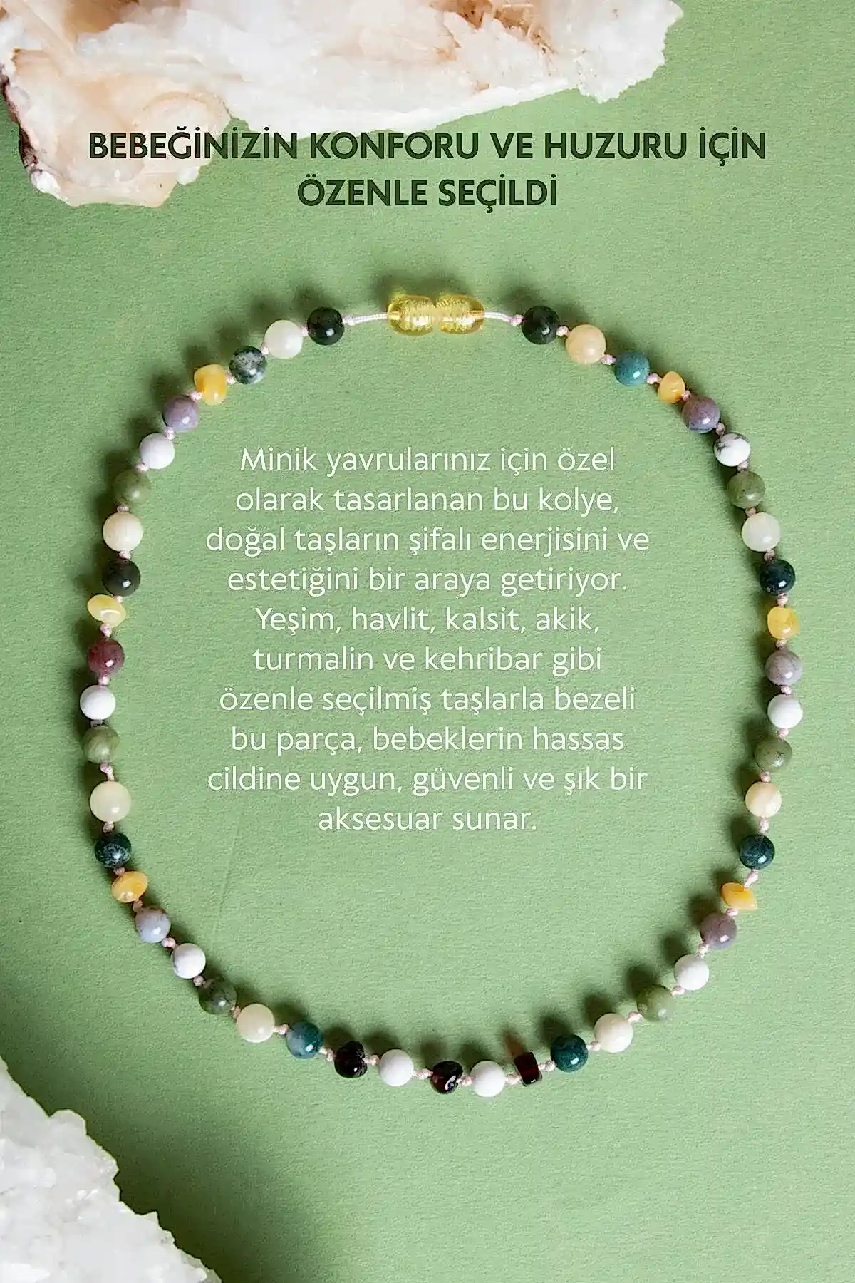 Sertifikalı Bebek Kehribar Kolye-Kehribar, Yeşim, Havlit, Kalsit, Hint Akik, Yosunlu Akik