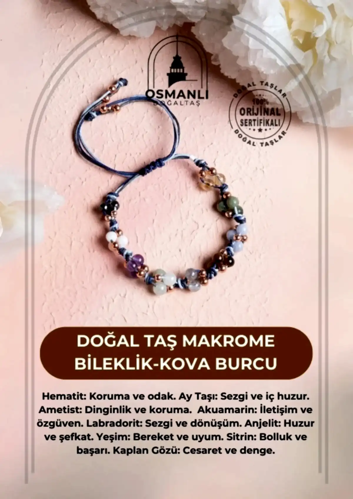 Sertifikalı Doğal Taş Makrome Bileklik-Kova Burcu