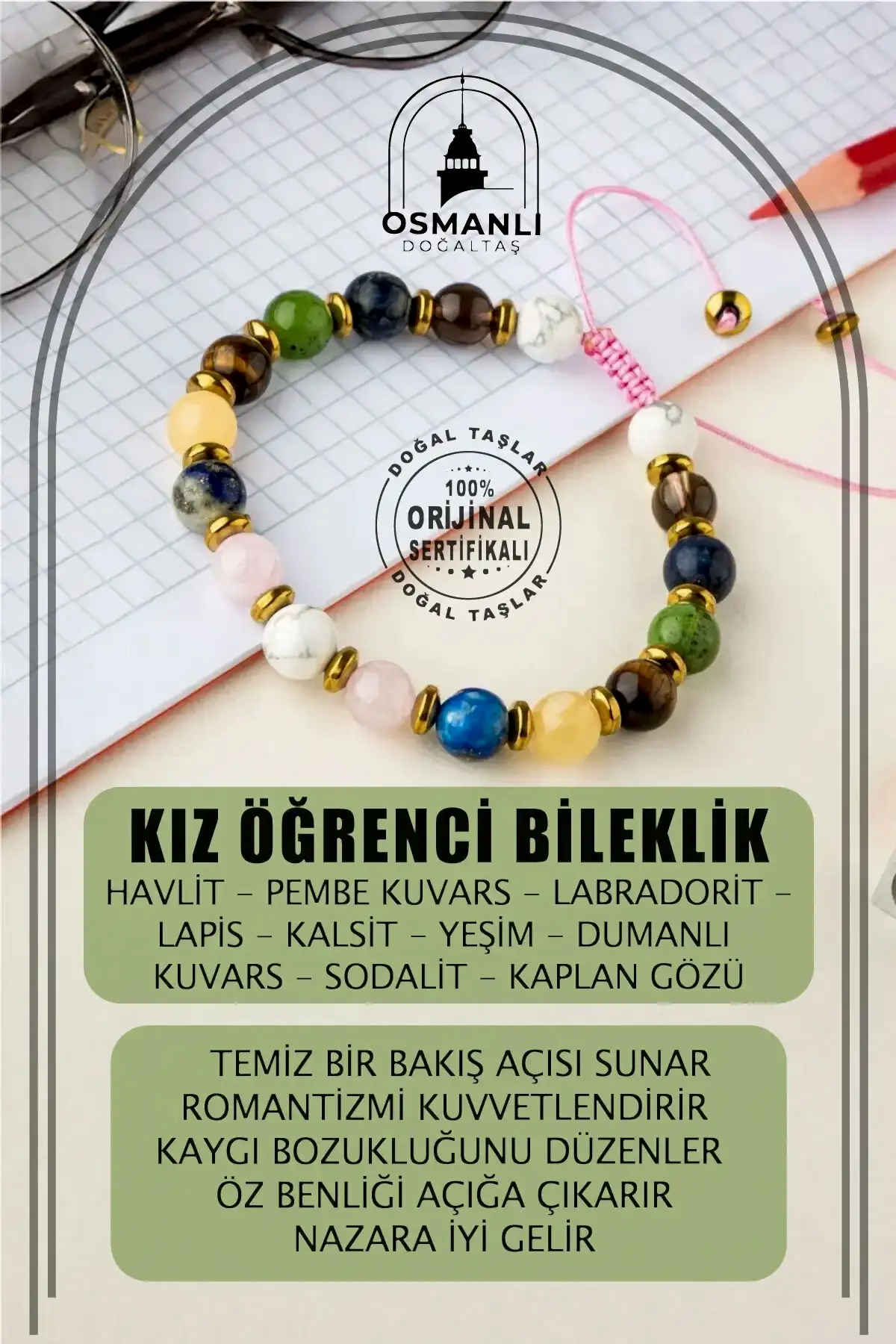 Kız Öğrenci Doğal Taş Bileklik-Havlit-Pembe Kuvars-Labradorit-Lapis Lazuli-Kalsit-Yeşim-Dumanlı Kuvars-Sodalit-Kaplan Gözü