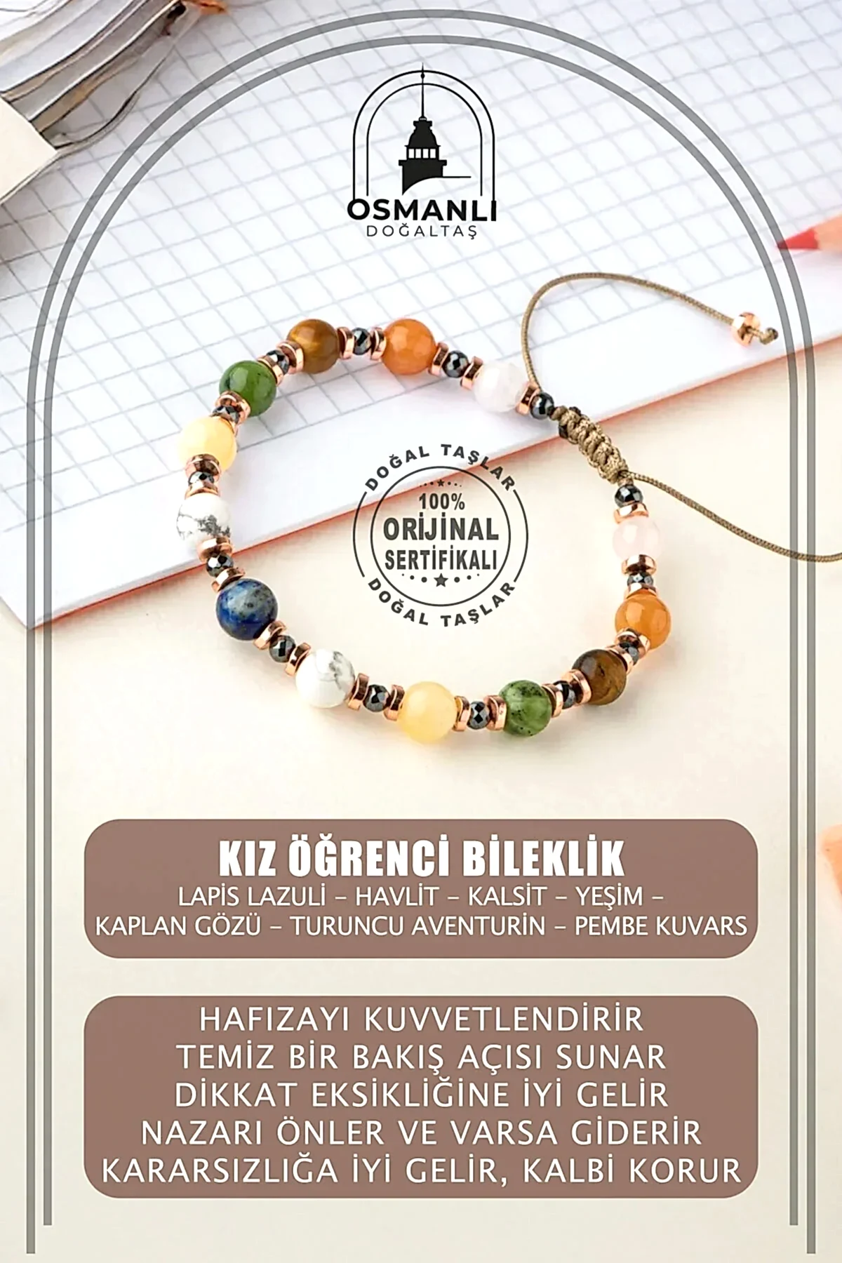 Kız Öğrenci Doğal Taş Bileklik-Lapis Lazuli-Havlit-Kalsit-Yeşim-Kaplan Gözü-Turuncu Aventurin-Pembe Kuvars
