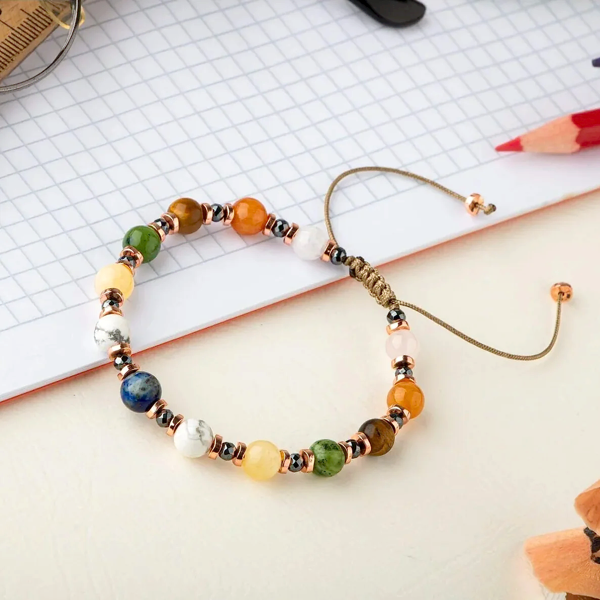 Kız Öğrenci Doğal Taş Bileklik-Lapis Lazuli-Havlit-Kalsit-Yeşim-Kaplan Gözü-Turuncu Aventurin-Pembe Kuvars