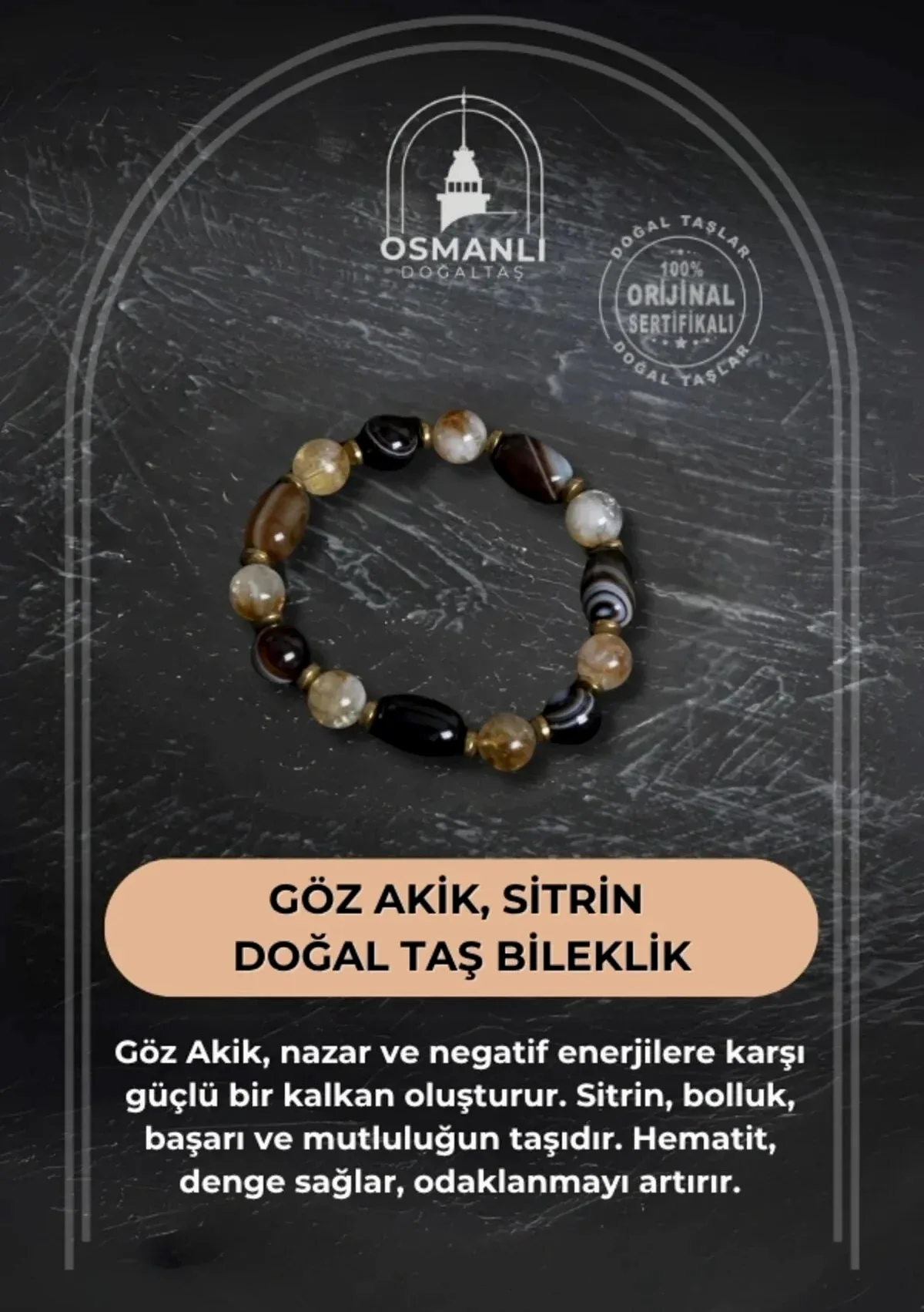 Sertifikalı Göz Akik ve Sitrin Doğal Taş Bileklik