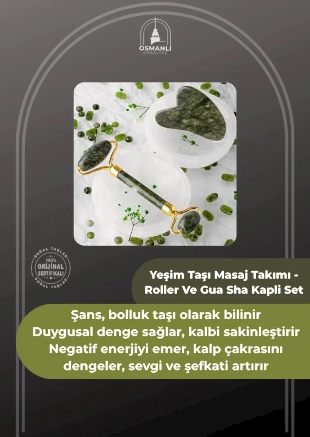 Yeşim Taşı Masaj Takımı - Roller ve Gua Sha Kapli Set