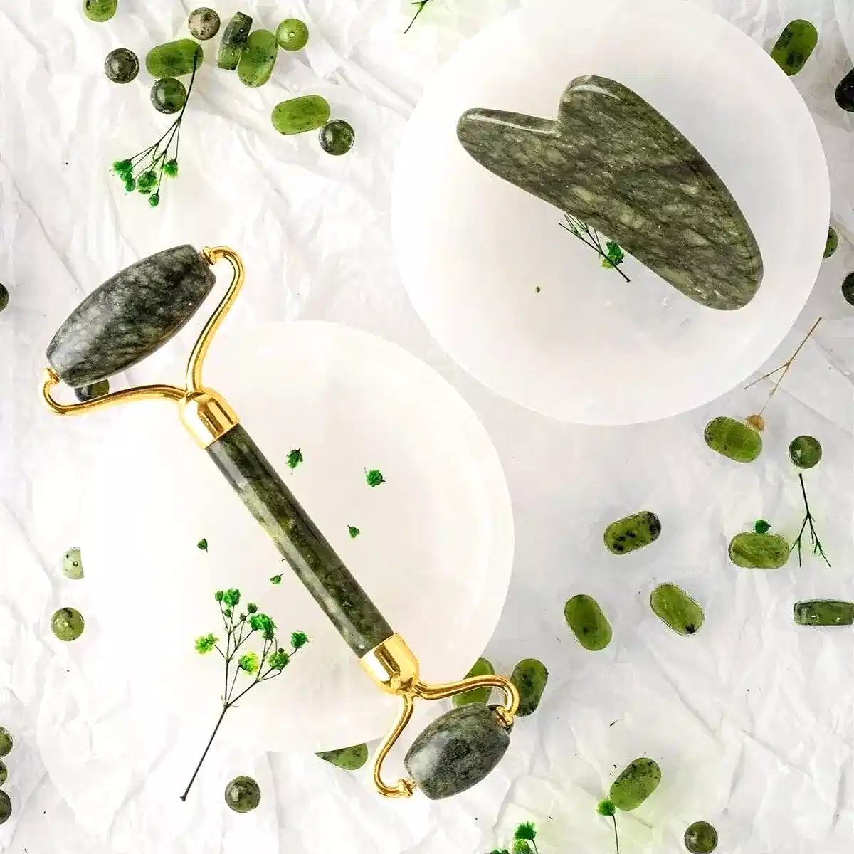 Yeşim Taşı Masaj Takımı - Roller ve Gua Sha Kapli Set
