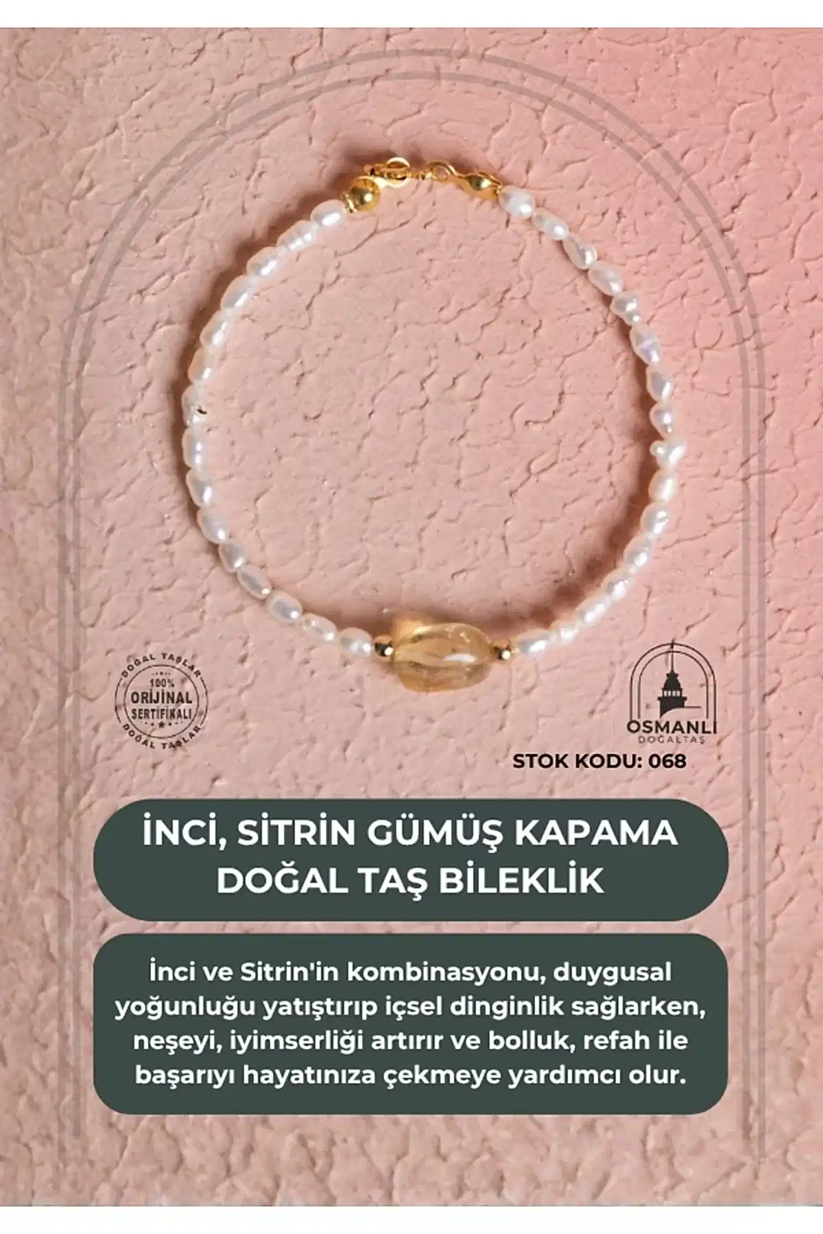 Sertifikalı İnci, Sitrin Gümüş Kapama Doğal Taş Bileklik (SK:068)