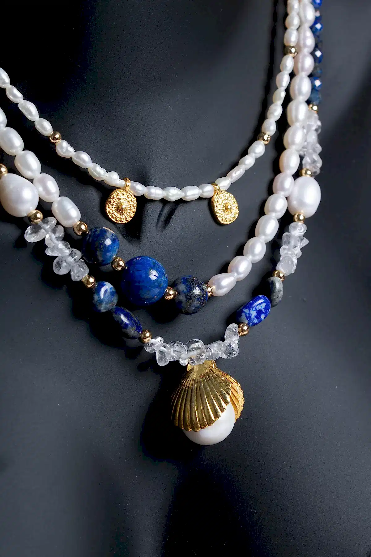 Sertifikalı İnci, Lapis Lazuli, Hematit Gümüş Aparatlı Doğal Taş Kolye (SK:018)