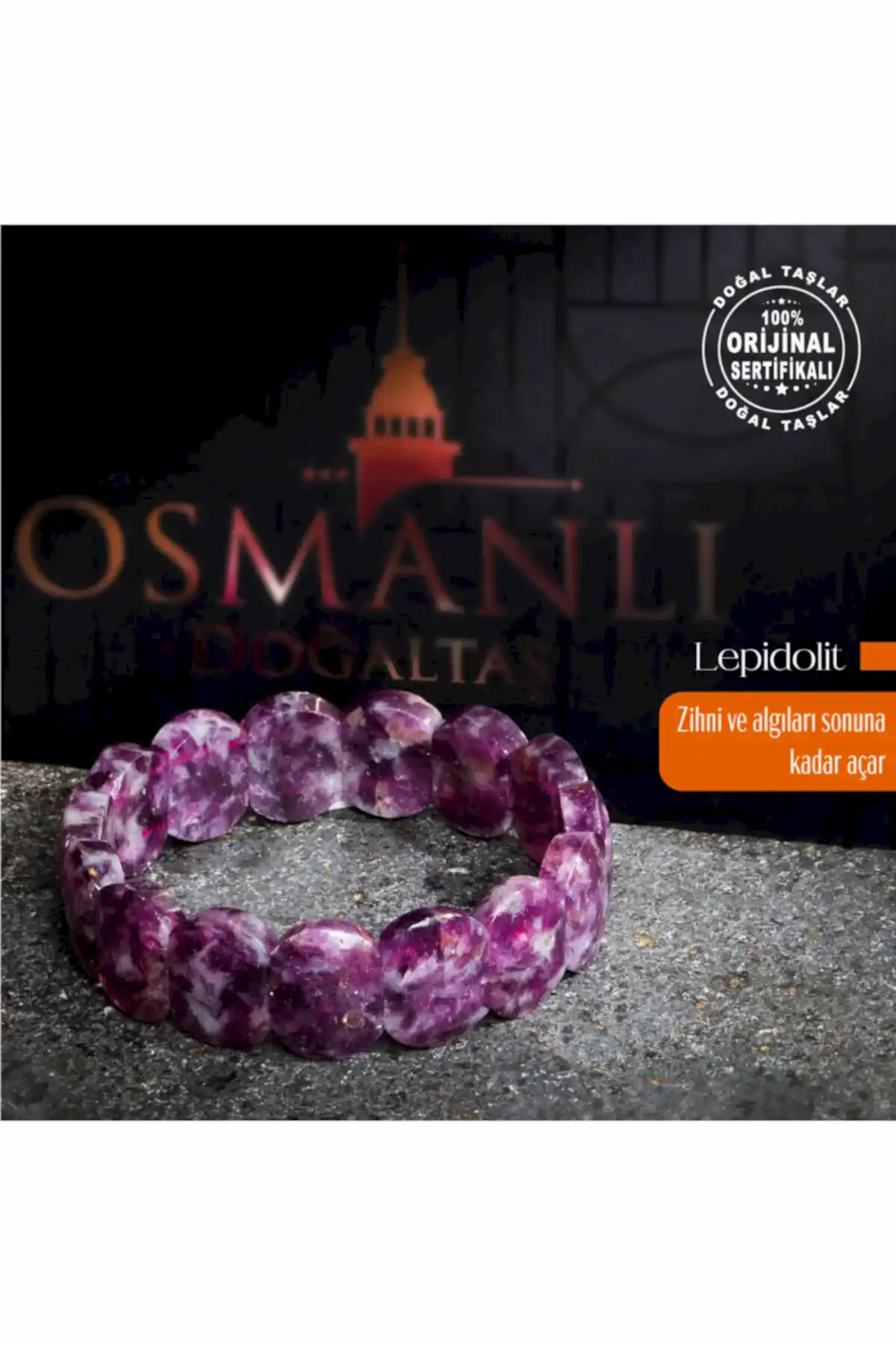 Sertifikalı Orijinal Lepidolit Doğal Taş Bileklik Geniş Kesim