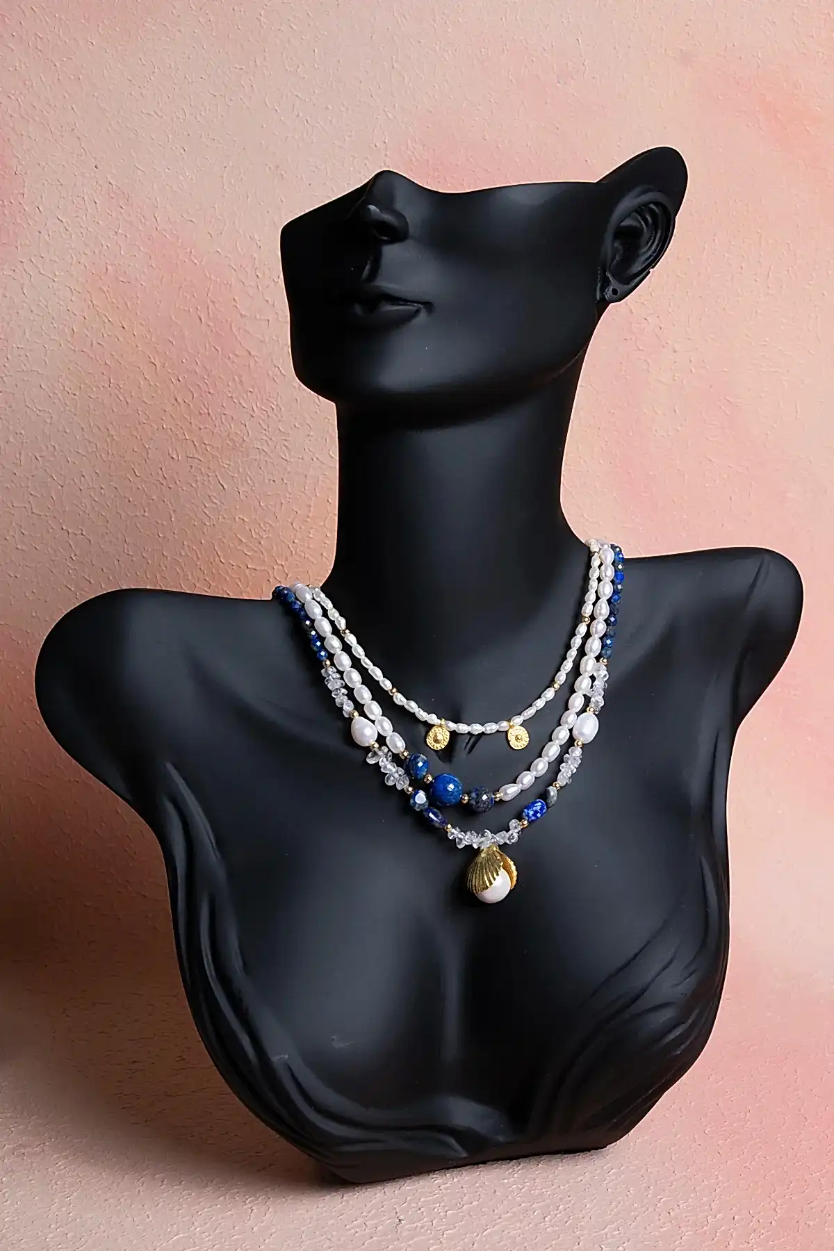 Sertifikalı İnci, Lapis Lazuli, Hematit Gümüş Aparatlı Doğal Taş Kolye (SK:018)