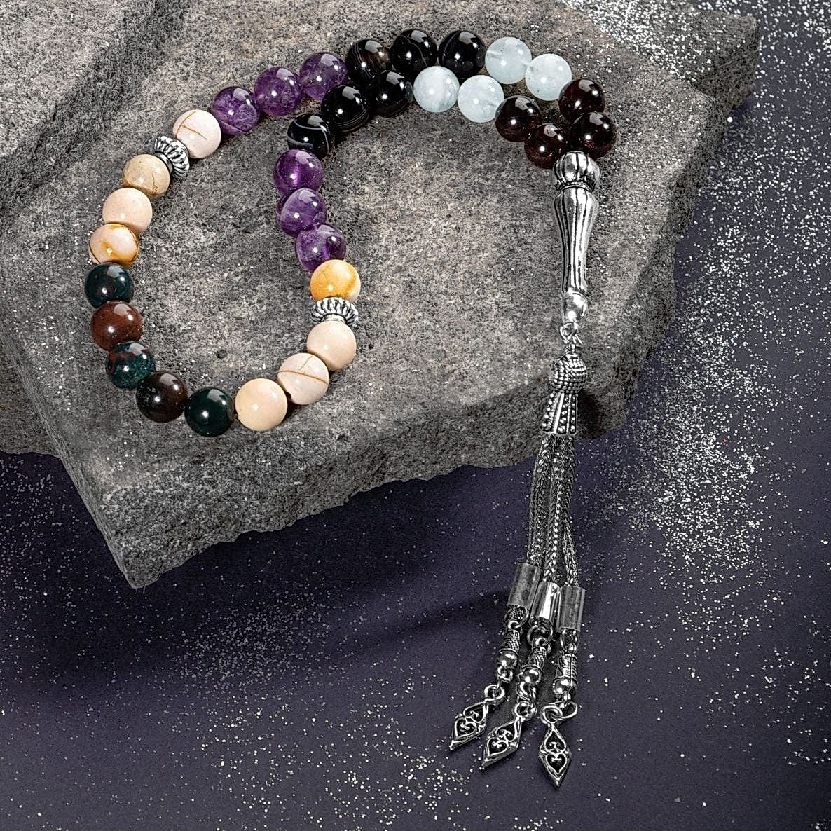 Koç Burcu Tesbih Akuamarin, Ametist, Bordo Granat Lal, Kan Taşı, Sarı Jasper, Siyah Göz Akik