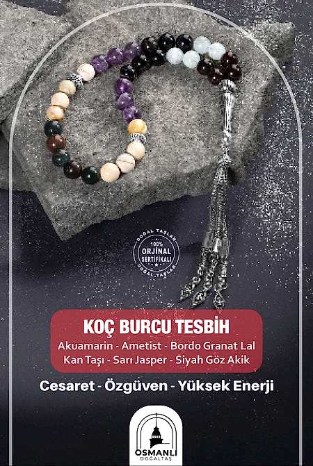 Koç Burcu Tesbih Akuamarin, Ametist, Bordo Granat Lal, Kan Taşı, Sarı Jasper, Siyah Göz Akik