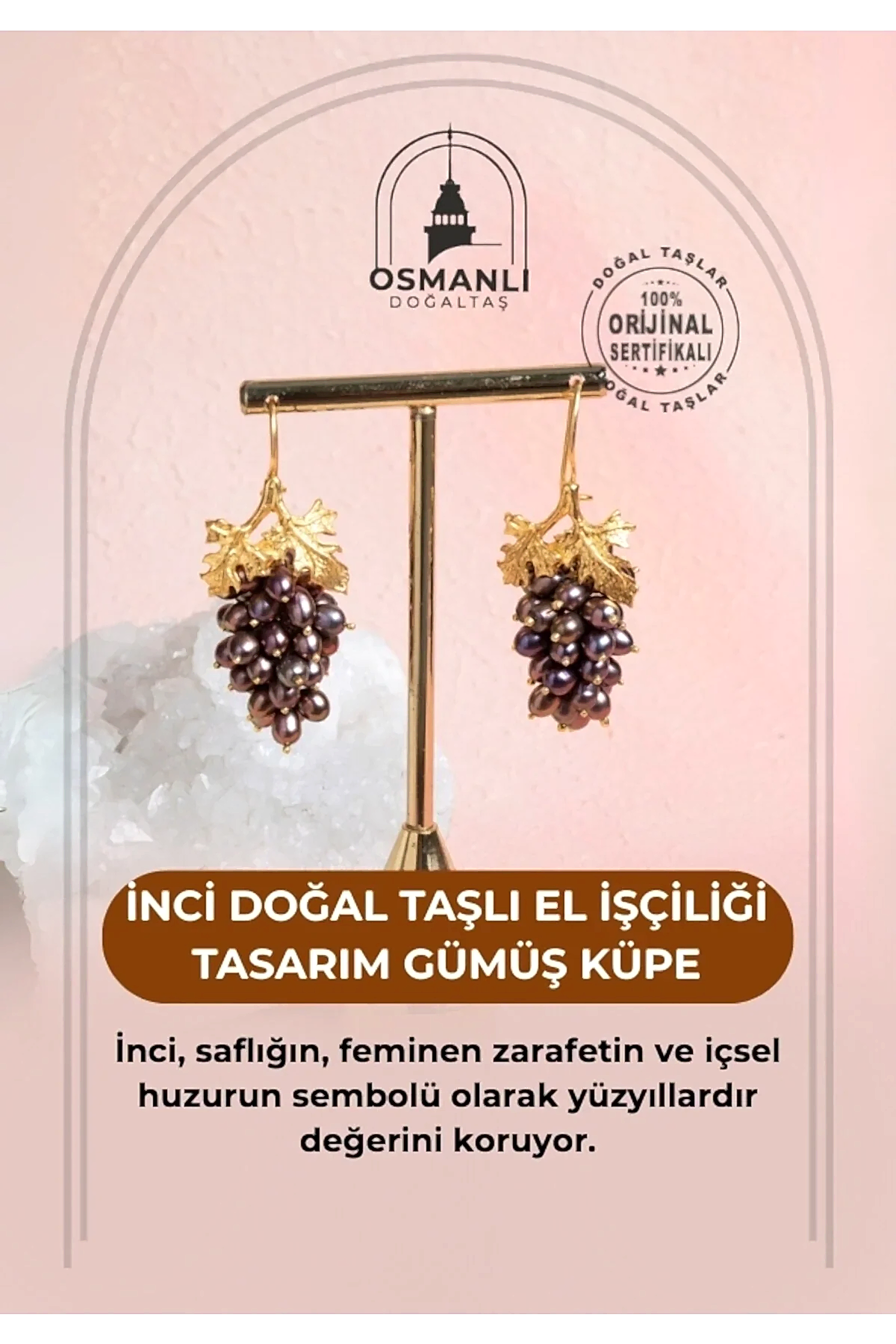 Sertifikalı İnci Doğal Taşlı El İşçiliği Tasarım Gümüş Küpe