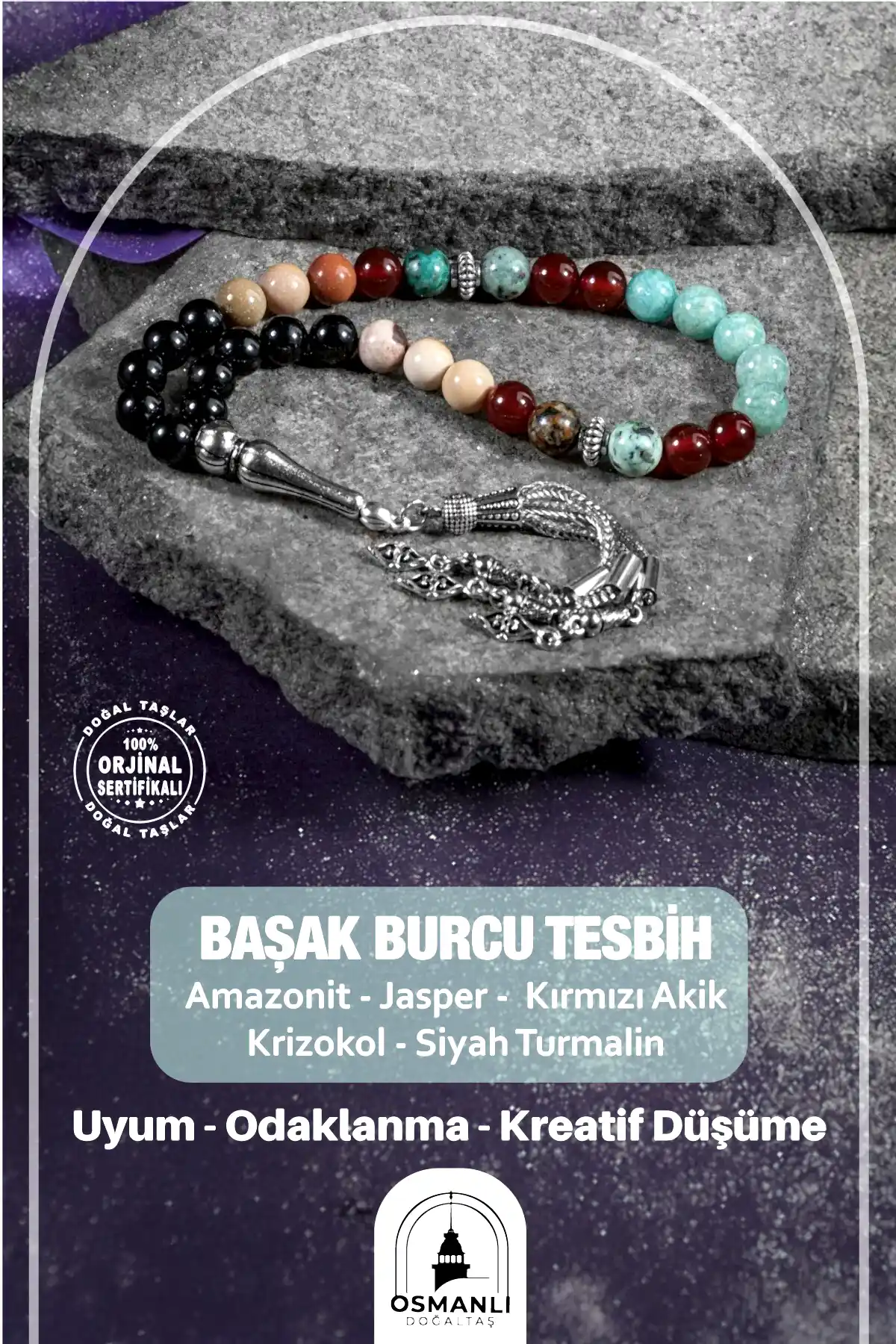 Başak Burcu Tesbih Amazonit, Jasper, Kırmızı Akik, Krizokol, Siyah Turmalin