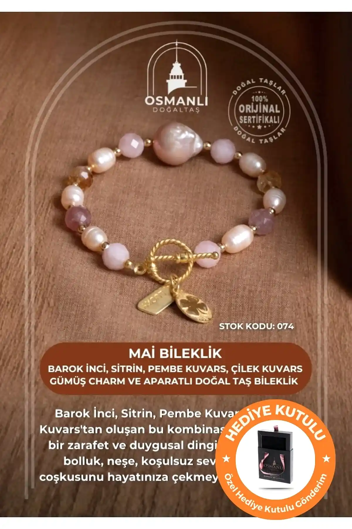 Sertifikalı Mai Bileklik-Barok İnci, Sitrin, Pembe Kuvars, Çilek Kuvars Gümüş Charm ve Aparatlı Doğal Taş Bileklik (SK:074)