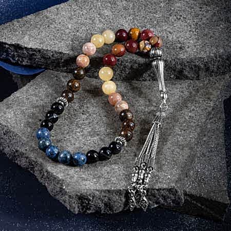Aslan Burcu Tesbih Bronzit, Dumortierit, Güneş Taşı, Jasper, Kalsit, Siyah Göz Akik