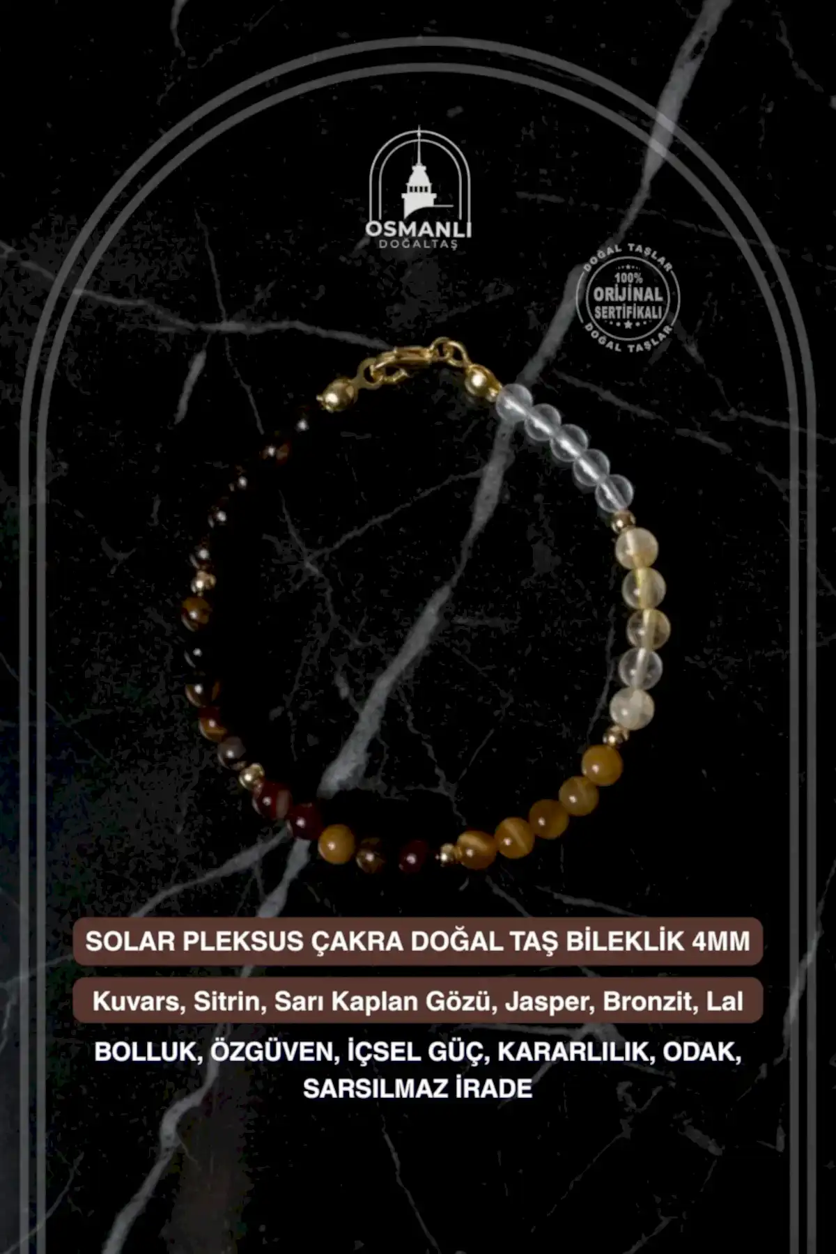 Sertifikalı Solar Pleksus Çakra Doğal Taş Gümüş Kapama Bileklik