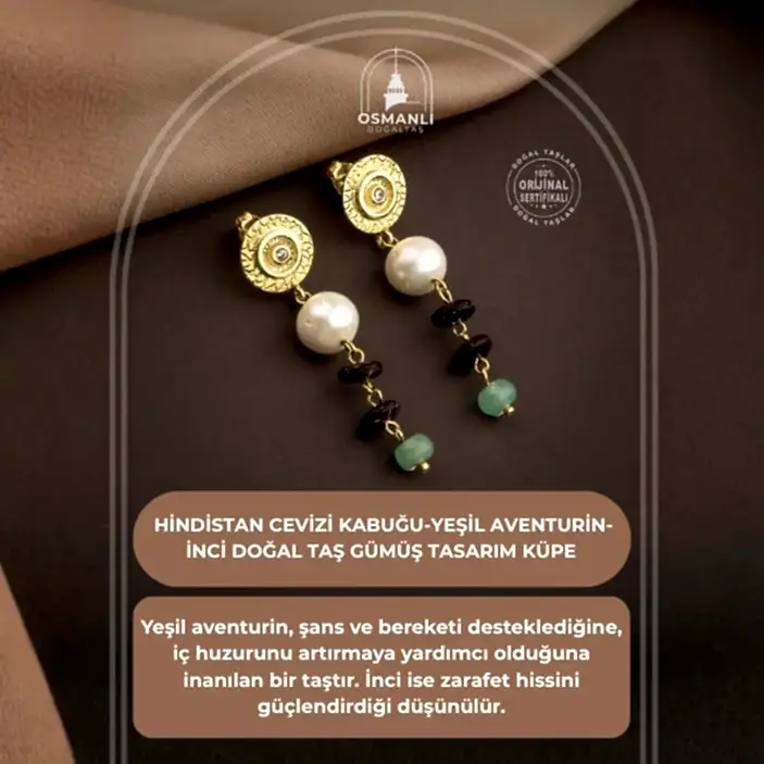 Hindistan Cevizi Kabuğu-Yeşil Aventurin-İnci Doğal Taş Gümüş Küpe