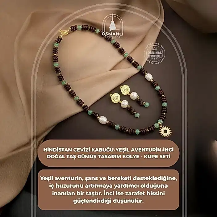 Hindistan Cevizi Kabuğu-Yeşil Aventurin-İnci Doğal Taş Gümüş Tasarım Kolye Küpe Seti