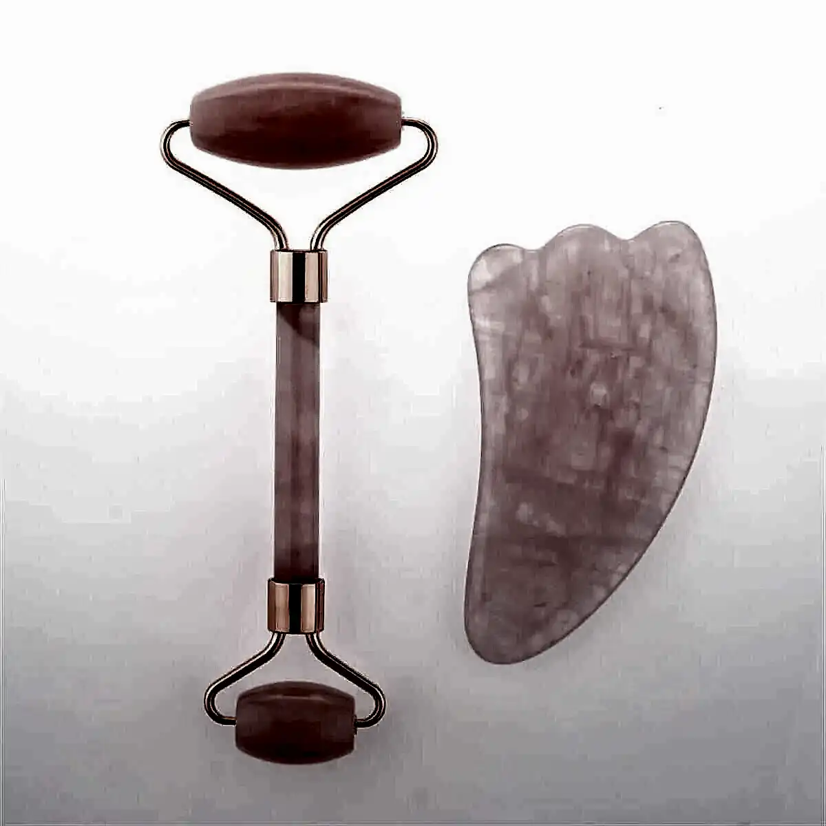 Pembe Kuvars Taşı Masaj Takımı - Roller ve Gua Sha Kaz Ayaklı Set