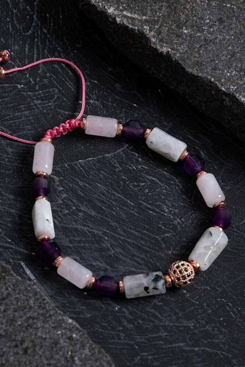 Sertifikalı Ametist, Ay Taşı ve Pembe Kuvars Doğal Taş Bileklik